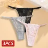 Lace Thongs 3Pcs Women Cotton Panties Sexy Low Rise Transparent Underwear Lady Breathable Lingerie Metal Ring Thin Strap Thong