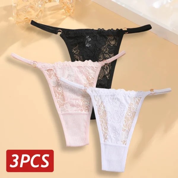 Lace Thongs 3Pcs Women Cotton Panties Sexy Low Rise Transparent Underwear Lady Breathable Lingerie Metal Ring Thin Strap Thong