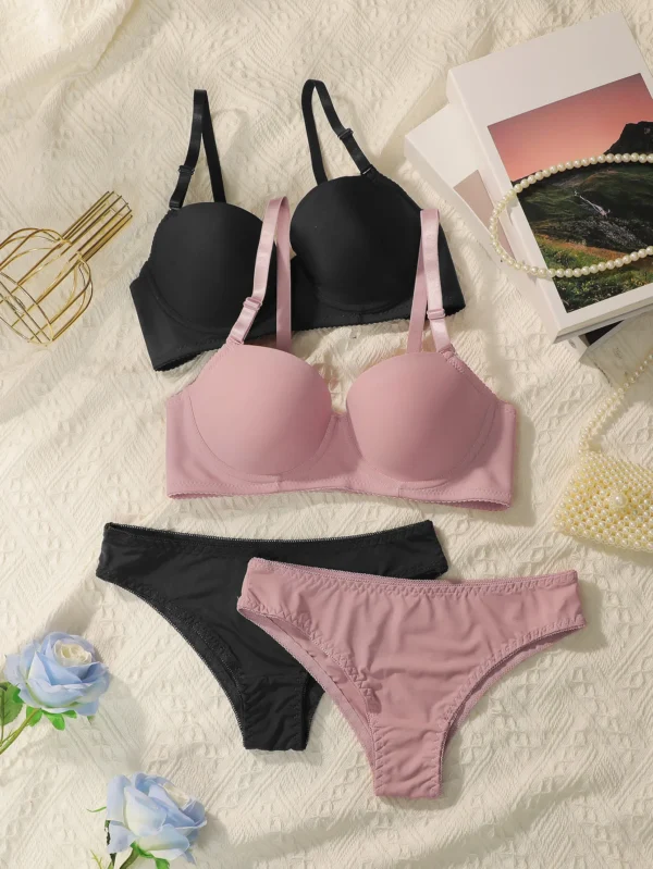 2sets Solid Underwire Lingerie Set Women Push Up Bra With Steel Rin
