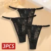 Lace Thongs 3Pcs Women Cotton Panties Sexy Low Rise Transparent Underwear Lady Breathable Lingerie Metal Ring Thin Strap Thong