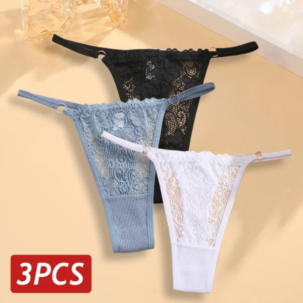 Lace Thongs 3Pcs Women Cotton Panties Sexy Low Rise Transparent Underwear Lady Breathable Lingerie Metal Ring Thin Strap Thong