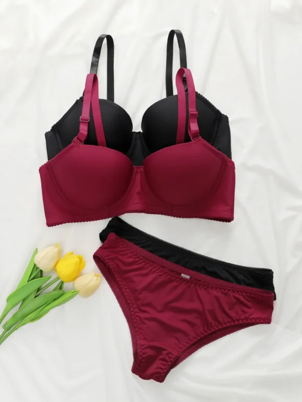 2sets Solid Underwire Lingerie Set Women Push Up Bra With Steel Rin