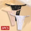 Lace Thongs 3Pcs Women Cotton Panties Sexy Low Rise Transparent Underwear Lady Breathable Lingerie Metal Ring Thin Strap Thong