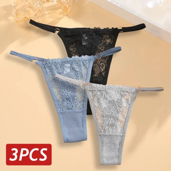Lace Thongs 3Pcs Women Cotton Panties Sexy Low Rise Transparent Underwear Lady Breathable Lingerie Metal Ring Thin Strap Thong