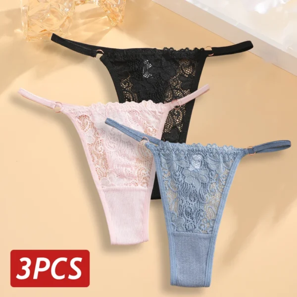 Lace Thongs 3Pcs Women Cotton Panties Sexy Low Rise Transparent Underwear Lady Breathable Lingerie Metal Ring Thin Strap Thong