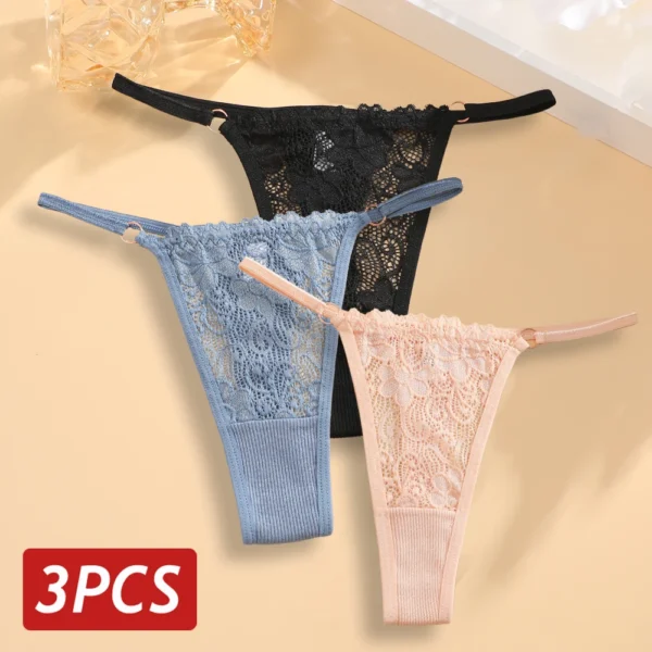Lace Thongs 3Pcs Women Cotton Panties Sexy Low Rise Transparent Underwear Lady Breathable Lingerie Metal Ring Thin Strap Thong