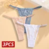 Lace Thongs 3Pcs Women Cotton Panties Sexy Low Rise Transparent Underwear Lady Breathable Lingerie Metal Ring Thin Strap Thong