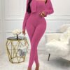 Solid Color Ribbed Two-piece Set, Long Sleeve Button Front Crop Cardigan & Skinny Strapless Jumpsuit Outfits, Women's Clothing