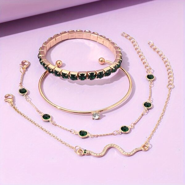 4pcs/Set Elegant Green Imitation Gemstone Rhinestone Claw Chain Snake Bracelet Open Bangle For Women