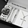 3pcs Set Luxury Business Golden Wristwatch, Stainless Steel Date Pointer Quartz Wrist Watch & Bracelet & Necklace