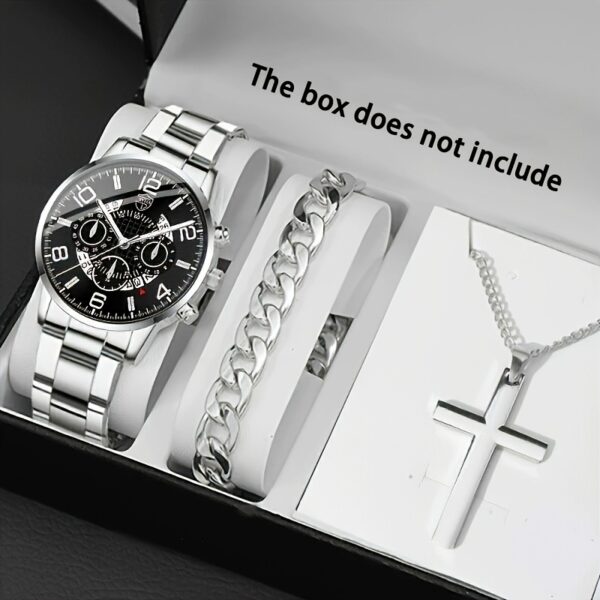 3pcs Set Luxury Business Golden Wristwatch, Stainless Steel Date Pointer Quartz Wrist Watch & Bracelet & Necklace