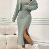 Elegant Solid Two-piece Dress Set, Long Sleeve Open Front Crop Coat & Split Thigh Sleeveless Cami Dress Outfits, Women's Clothing
