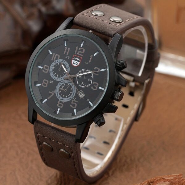 4pcs Watch And Bracelet Set, Men's Casual Quartz Wrist Watch Men's PU Strap Watch And 3pcs Bangle Set, Ideal choice for Gifts
