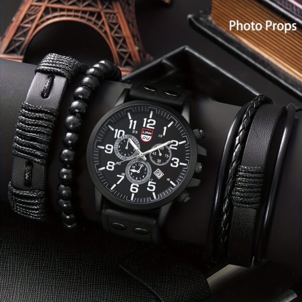 4pcs Watch And Bracelet Set, Men's Casual Quartz Wrist Watch Men's PU Strap Watch And 3pcs Bangle Set, Ideal choice for Gifts