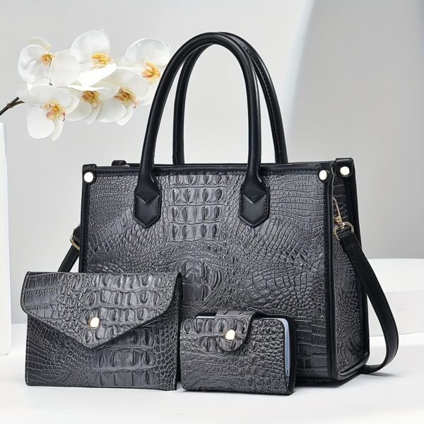 3pcs Set, Crocodile Pattern Deluxe Faux Leather Handbags, Elegant Large Capacity Fashion Tote With Shoulder Bag And Letter Pattern Clutch
