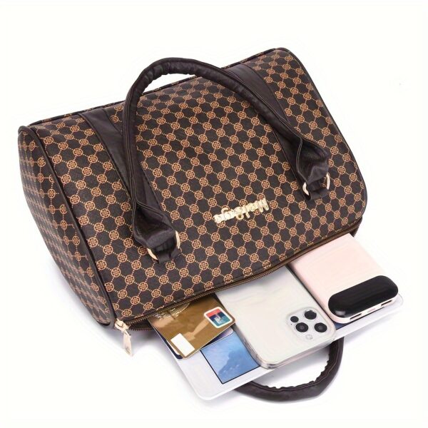 6 Pcs Allover Printed Boston Handbag & Purse Set, PU Leather Zipper Shoulder Bag, Multi-functional Leisure Commuter Bag