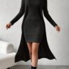 Ribbed Mock Neck Split Hem Matching Two-piece Set, Casual Long Sleeve Top & Dress Outfits, Women's Clothing