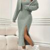 Elegant Solid Two-piece Dress Set, Long Sleeve Open Front Crop Coat & Split Thigh Sleeveless Cami Dress Outfits, Women's Clothing