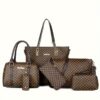 6 Pcs Allover Printed Boston Handbag & Purse Set, PU Leather Zipper Shoulder Bag, Multi-functional Leisure Commuter Bag