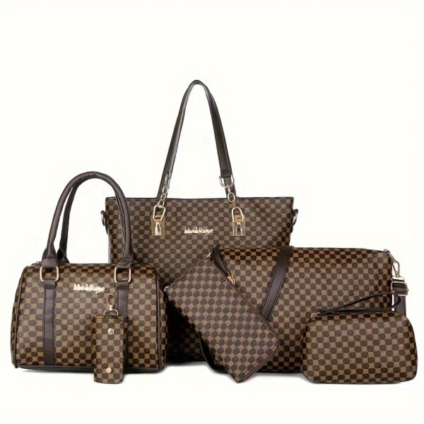 6 Pcs Allover Printed Boston Handbag & Purse Set, PU Leather Zipper Shoulder Bag, Multi-functional Leisure Commuter Bag