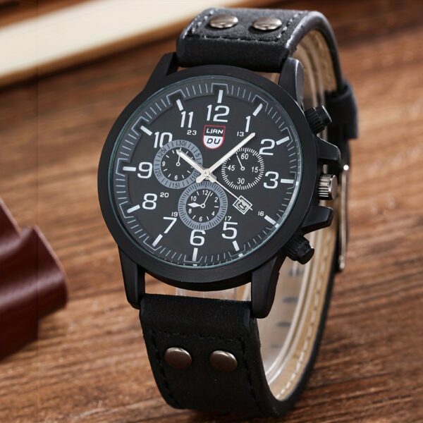 4pcs Watch And Bracelet Set, Men's Casual Quartz Wrist Watch Men's PU Strap Watch And 3pcs Bangle Set, Ideal choice for Gifts