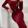 Ribbed Solid Color Bodycon Dress, Elegant Square Neck Long Sleeve Midi Dress For Spring & Fall, Women's Clothing