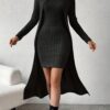 Ribbed Mock Neck Split Hem Matching Two-piece Set, Casual Long Sleeve Top & Dress Outfits, Women's Clothing