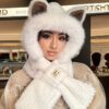 Winter Warm Hooded Scarf Beanie with Cartoon Animal Ears, Fluffy Plush Cotton Knit Neck Warmer, Elastic Moisture-Wicking Cap, Cute Thick Hand Washable Gift for Women - Cross Scarf Design