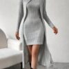 Ribbed Mock Neck Split Hem Matching Two-piece Set, Casual Long Sleeve Top & Dress Outfits, Women's Clothing