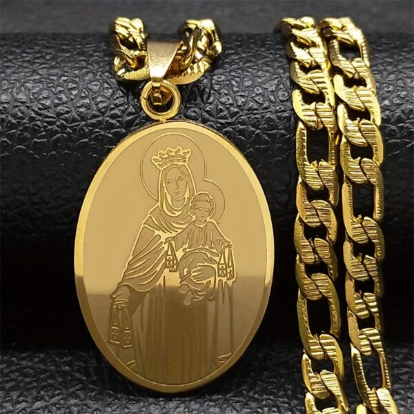 1pc Classic Virgin Mary Pendant Necklace, Stainless Steel Golden Plated Catholic Mother Mary Necklaces Jewelry For Men
