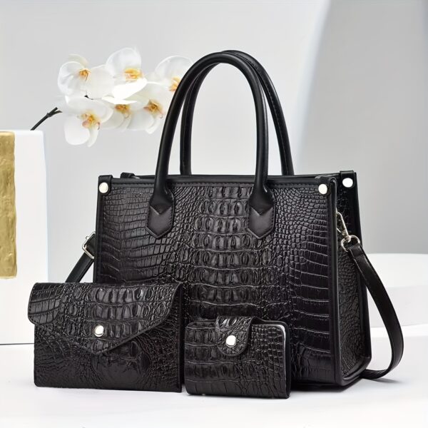 3pcs Set, Crocodile Pattern Deluxe Faux Leather Handbags, Elegant Large Capacity Fashion Tote With Shoulder Bag And Letter Pattern Clutch