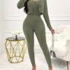 Solid Color Ribbed Two-piece Set, Long Sleeve Button Front Crop Cardigan & Skinny Strapless Jumpsuit Outfits, Women's Clothing