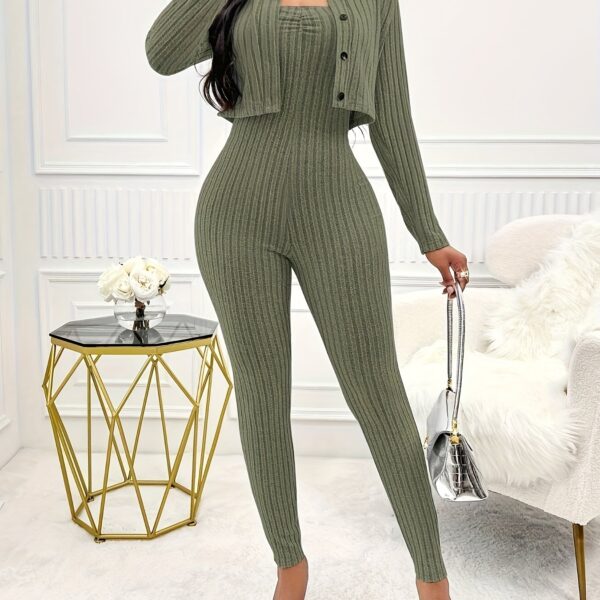 Solid Color Ribbed Two-piece Set, Long Sleeve Button Front Crop Cardigan & Skinny Strapless Jumpsuit Outfits, Women's Clothing