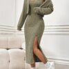 Elegant Solid Two-piece Dress Set, Long Sleeve Open Front Crop Coat & Split Thigh Sleeveless Cami Dress Outfits, Women's Clothing