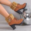 Women's Fashionable Black Lace-Up Winter Boots with Fluffy Fur Trim