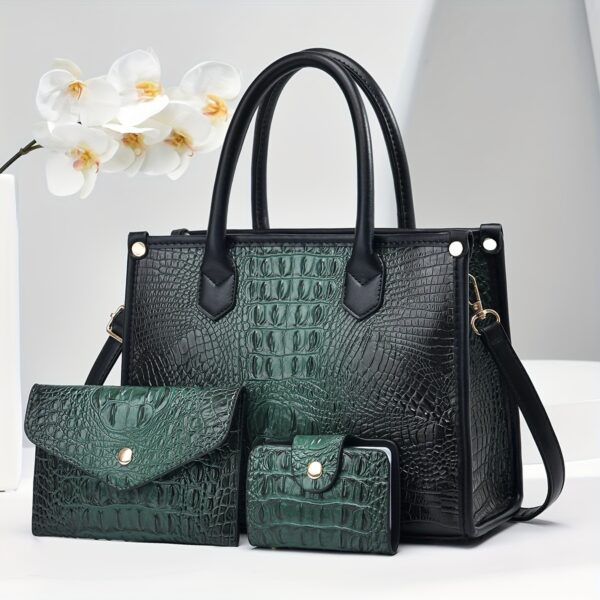 3pcs Set, Crocodile Pattern Deluxe Faux Leather Handbags, Elegant Large Capacity Fashion Tote With Shoulder Bag And Letter Pattern Clutch