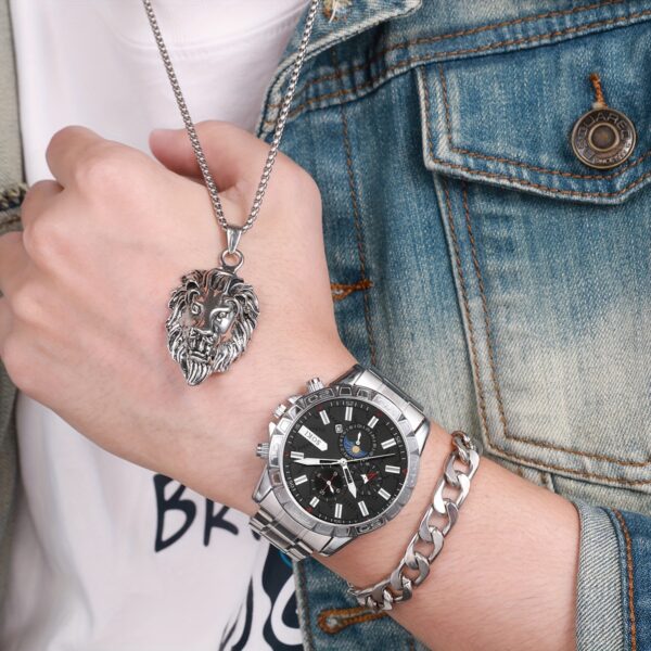 3pcs/set, Men's Stainless Steel Casual Trend Disc Calendar Quartz Watch And Lion Head Necklace Bracelet Set