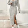 Elegant Solid Two-piece Dress Set, Long Sleeve Open Front Crop Coat & Split Thigh Sleeveless Cami Dress Outfits, Women's Clothing