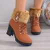 Women's Fashionable Black Lace-Up Winter Boots with Fluffy Fur Trim