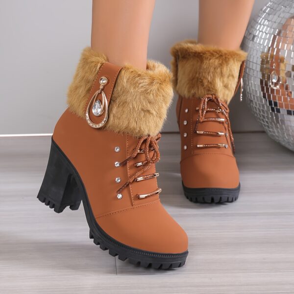 Women's Fashionable Black Lace-Up Winter Boots with Fluffy Fur Trim