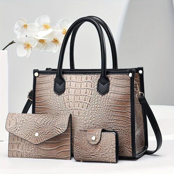 3pcs Set, Crocodile Pattern Deluxe Faux Leather Handbags, Elegant Large Capacity Fashion Tote With Shoulder Bag And Letter Pattern Clutch