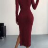 Ribbed Knit Long Sleeve Dress, Casual Crew Neck Split Hem Slim Dress, Women's Clothing