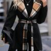 Plaid Pattern Contrast Trim Overcoat, Elegant Shawl Collar Long Sleeve Belted Outwear For Fall & Winter, Women's Clothing