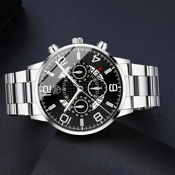 3pcs Set Luxury Business Golden Wristwatch, Stainless Steel Date Pointer Quartz Wrist Watch & Bracelet & Necklace