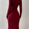 Ribbed Solid Color Bodycon Dress, Elegant Square Neck Long Sleeve Midi Dress For Spring & Fall, Women's Clothing