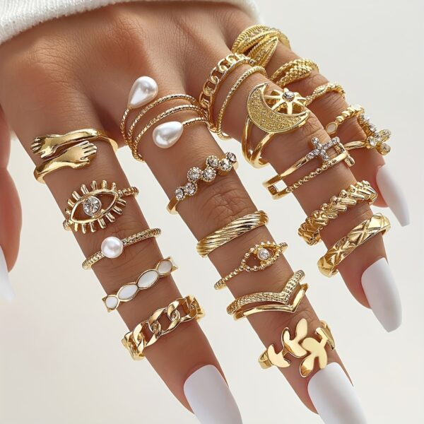 22pcs Vintage Ring Set Embrace/ Evil Eye/ Chain/ Moon & Sun Design Mix And Match For Daily Outfits Party Accessories