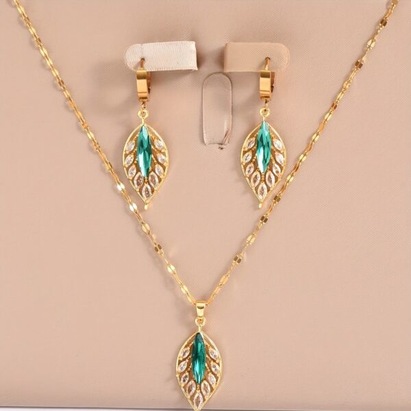 3pcs Gold-plated Grandmother Green Inlaid Rhinestone Leaf Earrings Necklace