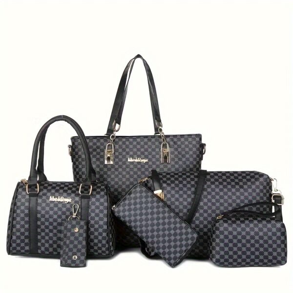 6 Pcs Allover Printed Boston Handbag & Purse Set, PU Leather Zipper Shoulder Bag, Multi-functional Leisure Commuter Bag