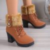 Women's Fashionable Black Lace-Up Winter Boots with Fluffy Fur Trim
