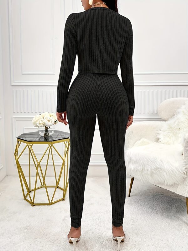 Solid Color Ribbed Two-piece Set, Long Sleeve Button Front Crop Cardigan & Skinny Strapless Jumpsuit Outfits, Women's Clothing